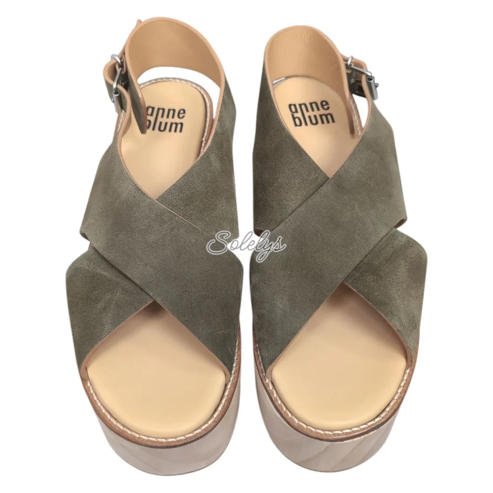 Anne Blum Sofia US 11 EU 42 Wooden Platform Suede Cross Strap Sandal Olive Green